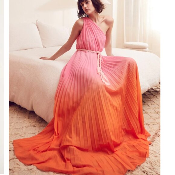 AMUR Garrett One-Shoulder Belted Pleated Chiffon Gown - S - Picture 1 of 7